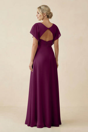 V - Neck Cap Sleeve Chiffon Bridesmaid Dress with Cut - out Back in Fig - SHE IS ME Bridesmaid Dresses