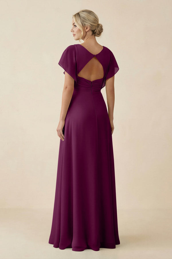 V - Neck Cap Sleeve Chiffon Bridesmaid Dress with Cut - out Back in Fig - SHE IS ME Bridesmaid Dresses