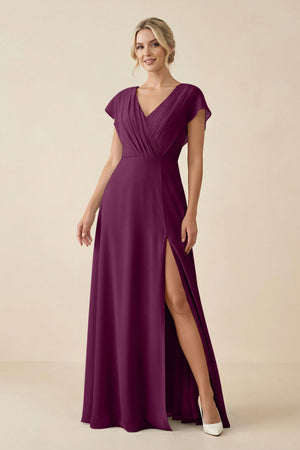 V - Neck Cap Sleeve Chiffon Bridesmaid Dress with Cut - out Back in Fig - SHE IS ME Bridesmaid Dresses