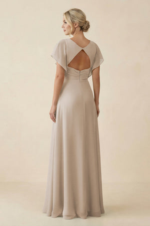 V - Neck Cap Sleeve Chiffon Bridesmaid Dress with Cut - out Back in Frost - SHE IS ME Bridesmaid Dresses