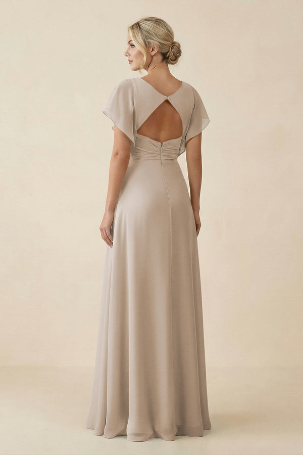 V - Neck Cap Sleeve Chiffon Bridesmaid Dress with Cut - out Back in Frost - SHE IS ME Bridesmaid Dresses