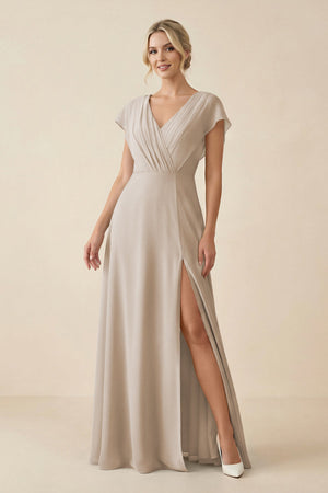 V - Neck Cap Sleeve Chiffon Bridesmaid Dress with Cut - out Back in Frost - SHE IS ME Bridesmaid Dresses