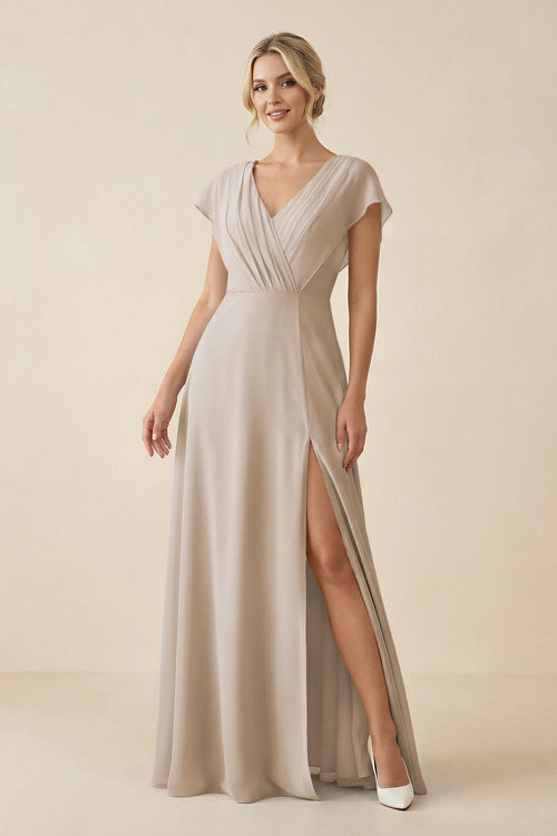 V - Neck Cap Sleeve Chiffon Bridesmaid Dress with Cut - out Back in Frost - SHE IS ME Bridesmaid Dresses
