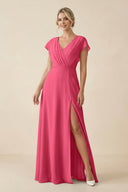 V - Neck Cap Sleeve Chiffon Bridesmaid Dress with Cut - out Back in Fuchsia - SHE IS ME Bridesmaid Dresses