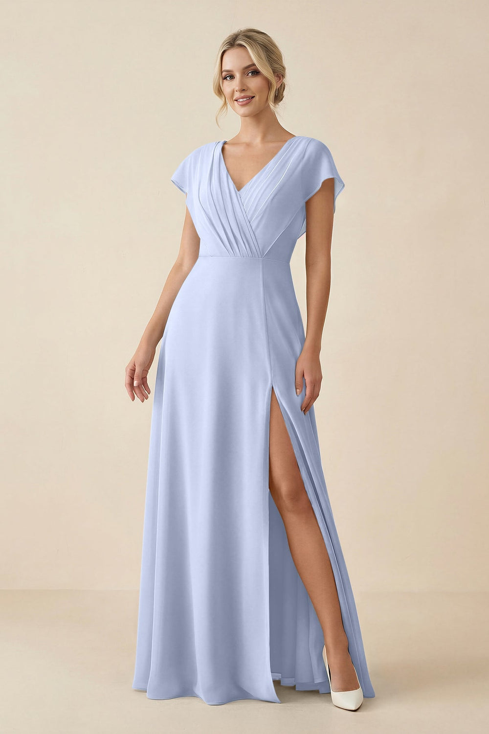 V - Neck Cap Sleeve Chiffon Bridesmaid Dress with Cut - out Back in Ice - SHE IS ME Bridesmaid Dresses