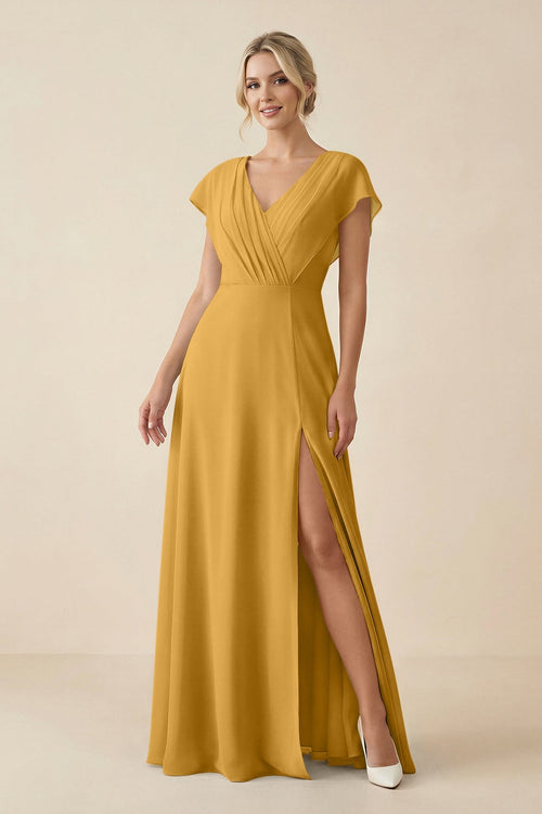 V - Neck Cap Sleeve Chiffon Bridesmaid Dress with Cut - out Back in Marigold - SHE IS ME Bridesmaid Dresses