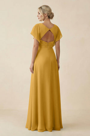V - Neck Cap Sleeve Chiffon Bridesmaid Dress with Cut - out Back in Marigold - SHE IS ME Bridesmaid Dresses
