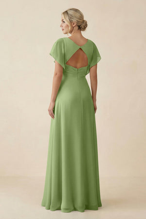 V - Neck Cap Sleeve Chiffon Bridesmaid Dress with Cut - out Back in Matcha - SHE IS ME Bridesmaid Dresses