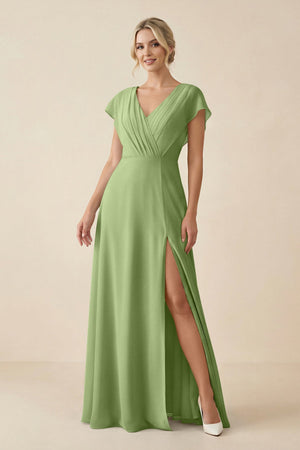 V - Neck Cap Sleeve Chiffon Bridesmaid Dress with Cut - out Back in Matcha - SHE IS ME Bridesmaid Dresses