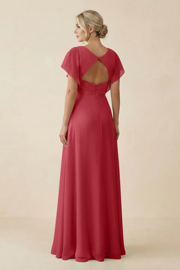 V - Neck Cap Sleeve Chiffon Bridesmaid Dress with Cut - out Back in Merlot - SHE IS ME Bridesmaid Dresses
