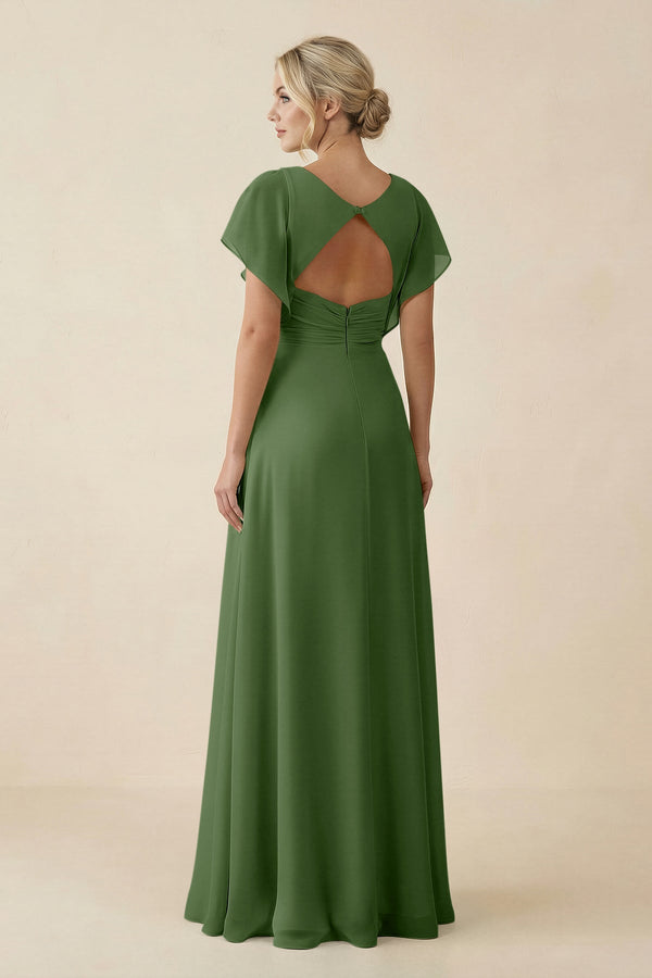 V - Neck Cap Sleeve Chiffon Bridesmaid Dress with Cut - out Back in Moss - SHE IS ME Bridesmaid Dresses