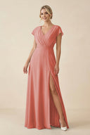 V - Neck Cap Sleeve Chiffon Bridesmaid Dress with Cut - out Back in Mulberry - SHE IS ME Bridesmaid Dresses