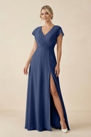 V - Neck Cap Sleeve Chiffon Bridesmaid Dress with Cut - out Back in Navy - SHE IS ME Bridesmaid Dresses