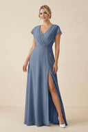 V - Neck Cap Sleeve Chiffon Bridesmaid Dress with Cut - out Back in Neptune - SHE IS ME Bridesmaid Dresses