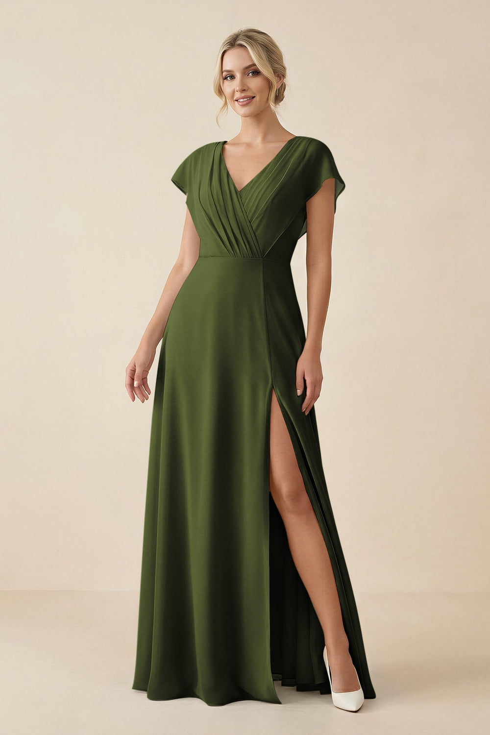 V - Neck Cap Sleeve Chiffon Bridesmaid Dress with Cut - out Back in Olive - SHE IS ME Bridesmaid Dresses