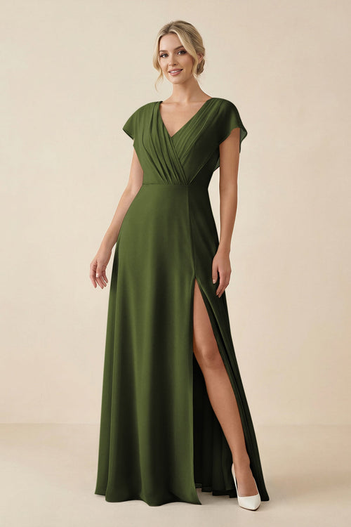 V - Neck Cap Sleeve Chiffon Bridesmaid Dress with Cut - out Back in Olive - SHE IS ME Bridesmaid Dresses
