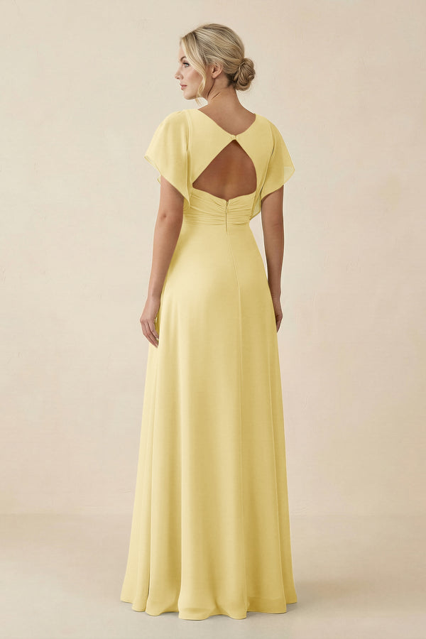 V - Neck Cap Sleeve Chiffon Bridesmaid Dress with Cut - out Back in Pastel Yellow - SHE IS ME Bridesmaid Dresses