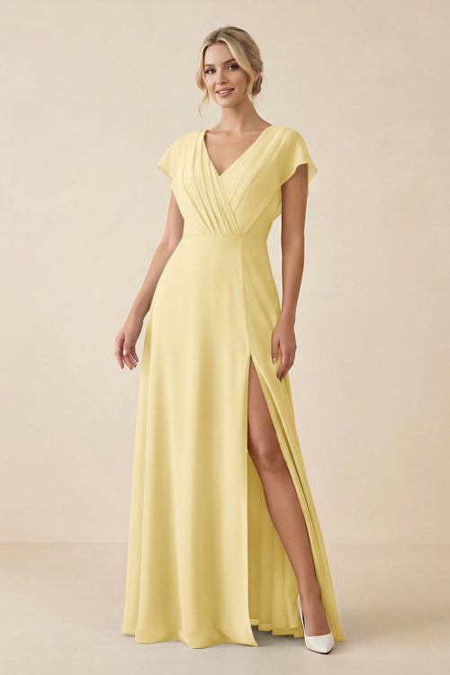 V - Neck Cap Sleeve Chiffon Bridesmaid Dress with Cut - out Back in Pastel Yellow - SHE IS ME Bridesmaid Dresses