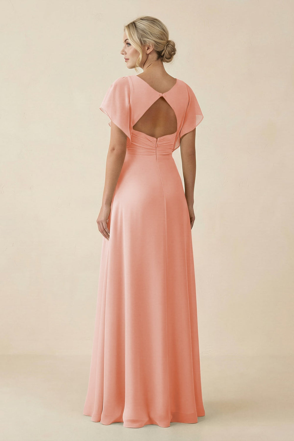V - Neck Cap Sleeve Chiffon Bridesmaid Dress with Cut - out Back in Rose Petal - SHE IS ME Bridesmaid Dresses