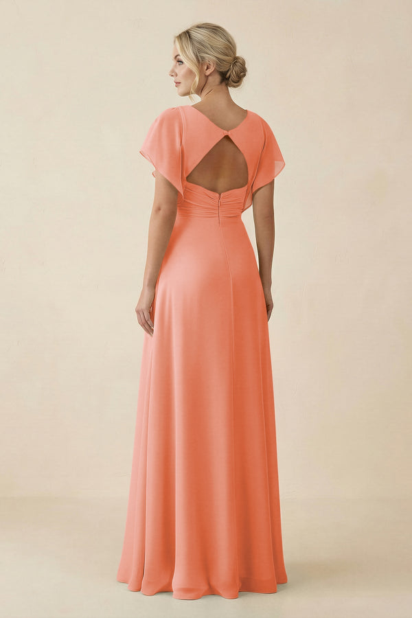 V - Neck Cap Sleeve Chiffon Bridesmaid Dress with Cut - out Back in Rosette - SHE IS ME Bridesmaid Dresses