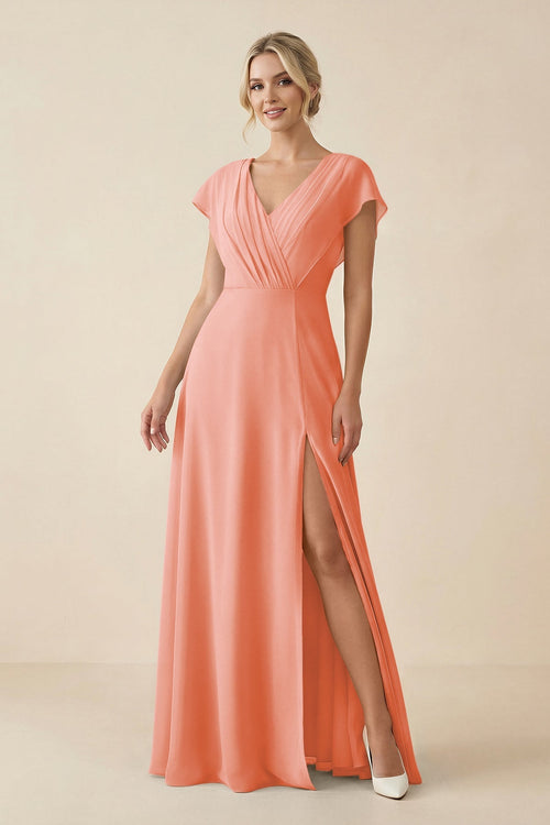 V - Neck Cap Sleeve Chiffon Bridesmaid Dress with Cut - out Back in Rosette - SHE IS ME Bridesmaid Dresses
