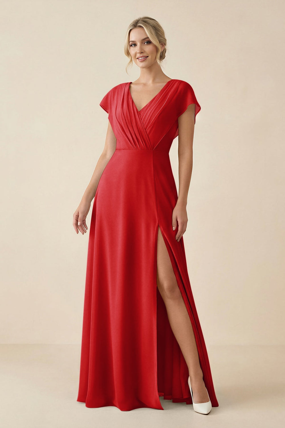 V - Neck Cap Sleeve Chiffon Bridesmaid Dress with Cut - out Back in Ruby Red - SHE IS ME Bridesmaid Dresses