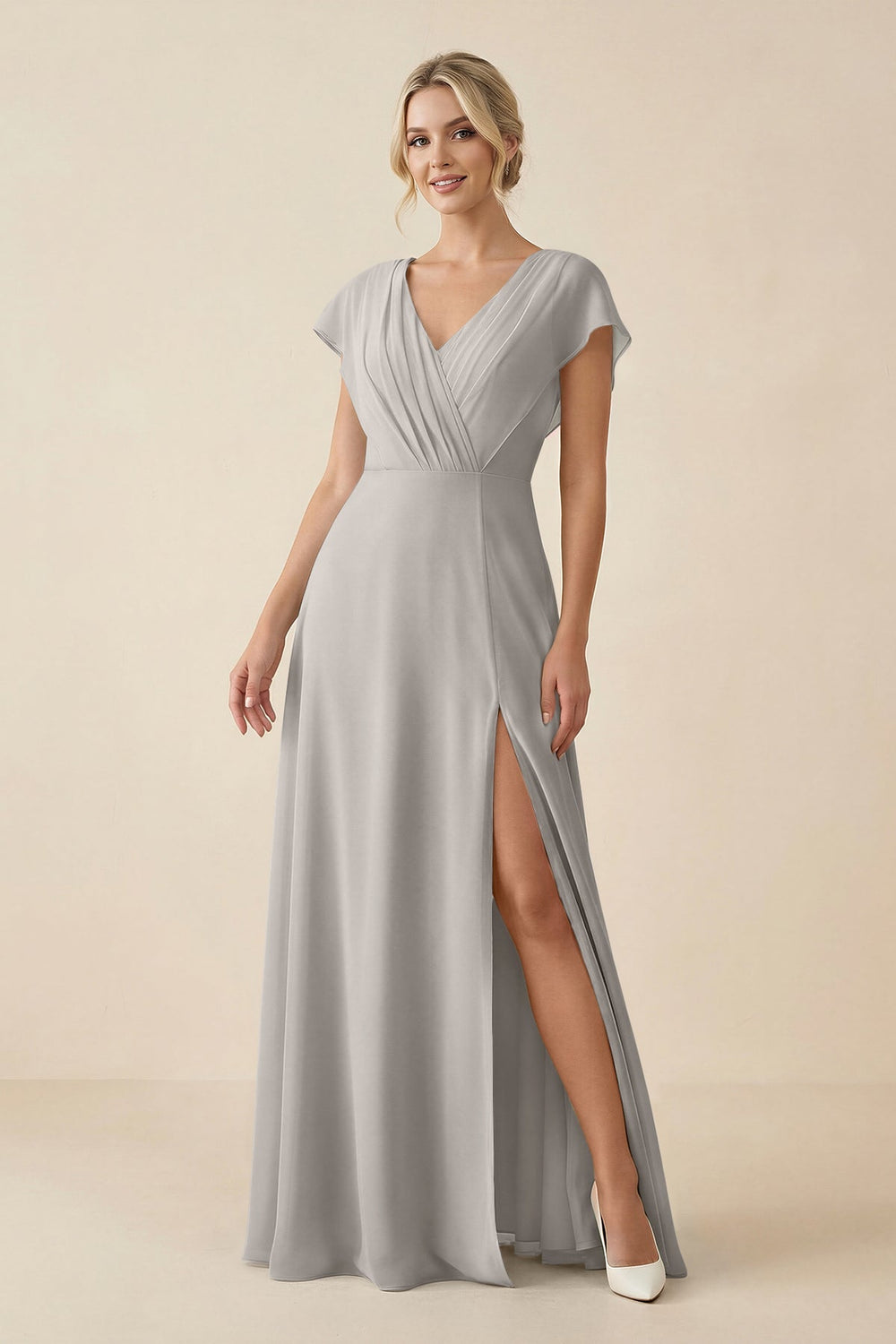 V - Neck Cap Sleeve Chiffon Bridesmaid Dress with Cut - out Back in Silver - SHE IS ME Bridesmaid Dresses
