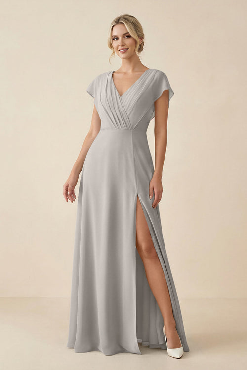 V - Neck Cap Sleeve Chiffon Bridesmaid Dress with Cut - out Back in Silver - SHE IS ME Bridesmaid Dresses
