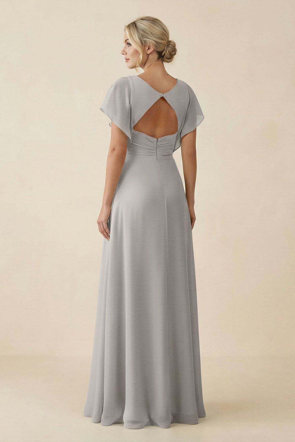 V - Neck Cap Sleeve Chiffon Bridesmaid Dress with Cut - out Back in Silver - SHE IS ME Bridesmaid Dresses