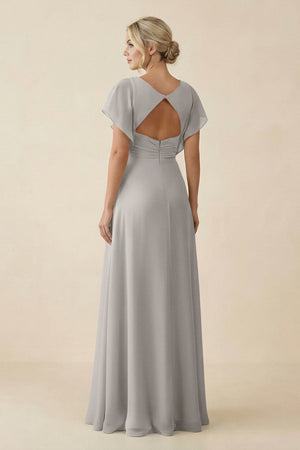 V - Neck Cap Sleeve Chiffon Bridesmaid Dress with Cut - out Back in Silver - SHE IS ME Bridesmaid Dresses
