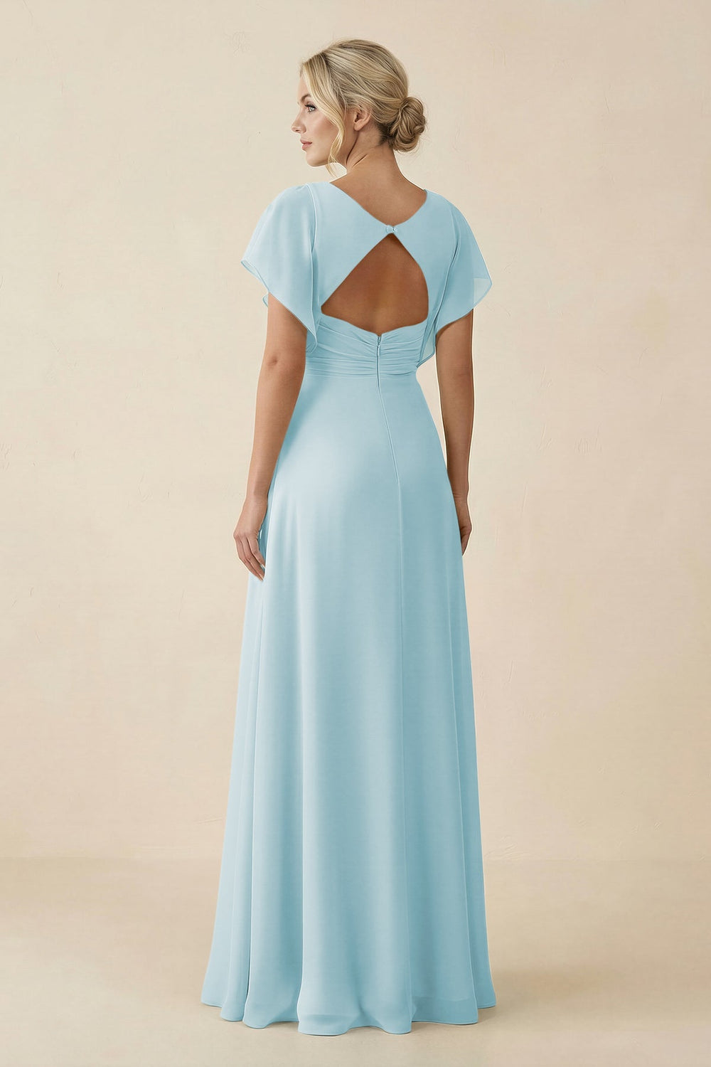 V - Neck Cap Sleeve Chiffon Bridesmaid Dress with Cut - out Back in Sky Blue - SHE IS ME Bridesmaid Dresses
