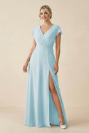 V - Neck Cap Sleeve Chiffon Bridesmaid Dress with Cut - out Back in Sky Blue - SHE IS ME Bridesmaid Dresses