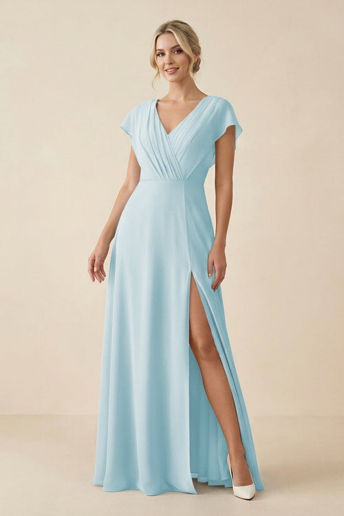 V - Neck Cap Sleeve Chiffon Bridesmaid Dress with Cut - out Back in Sky Blue - SHE IS ME Bridesmaid Dresses