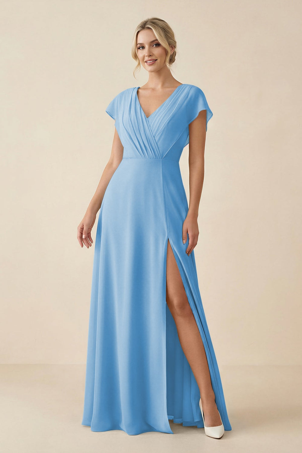 V - Neck Cap Sleeve Chiffon Bridesmaid Dress with Cut - out Back in Steel Blue - SHE IS ME Bridesmaid Dresses