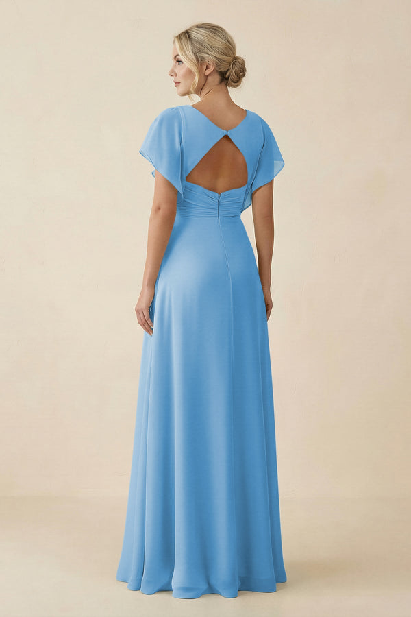 V - Neck Cap Sleeve Chiffon Bridesmaid Dress with Cut - out Back in Steel Blue - SHE IS ME Bridesmaid Dresses