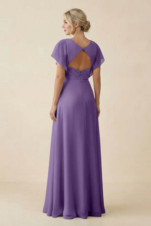 V - Neck Cap Sleeve Chiffon Bridesmaid Dress with Cut - out Back in Tahiti - SHE IS ME Bridesmaid Dresses