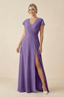 V - Neck Cap Sleeve Chiffon Bridesmaid Dress with Cut - out Back in Tahiti - SHE IS ME Bridesmaid Dresses