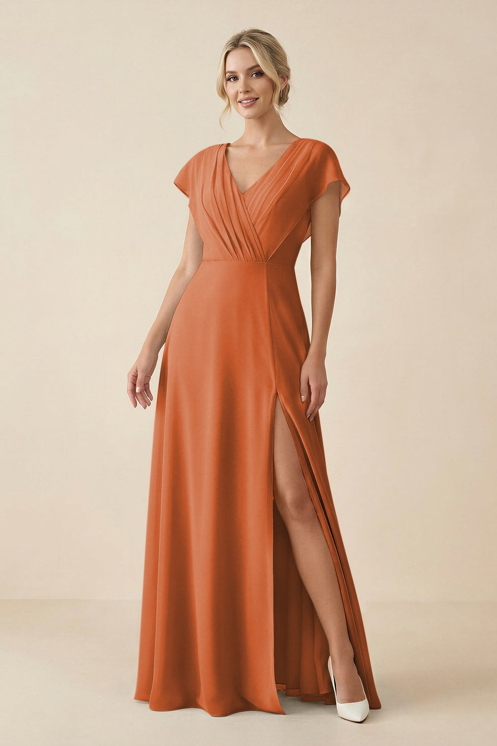 V - Neck Cap Sleeve Chiffon Bridesmaid Dress with Cut - out Back in Terracotta - SHE IS ME Bridesmaid Dresses