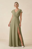 V - Neck Cap Sleeve Chiffon Bridesmaid Dress with Cut - out Back in Thyme - SHE IS ME Bridesmaid Dresses