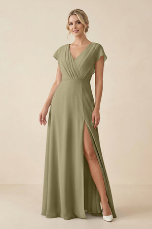V - Neck Cap Sleeve Chiffon Bridesmaid Dress with Cut - out Back in Thyme - SHE IS ME Bridesmaid Dresses