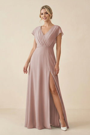 V - Neck Cap Sleeve Chiffon Bridesmaid Dress with Cut - out Back in Toffee - SHE IS ME Bridesmaid Dresses
