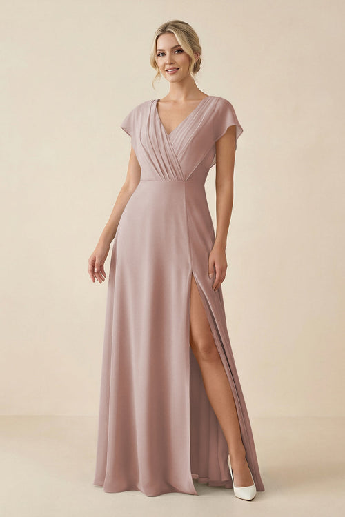 V - Neck Cap Sleeve Chiffon Bridesmaid Dress with Cut - out Back in Toffee - SHE IS ME Bridesmaid Dresses