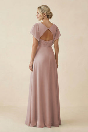 V - Neck Cap Sleeve Chiffon Bridesmaid Dress with Cut - out Back in Toffee - SHE IS ME Bridesmaid Dresses