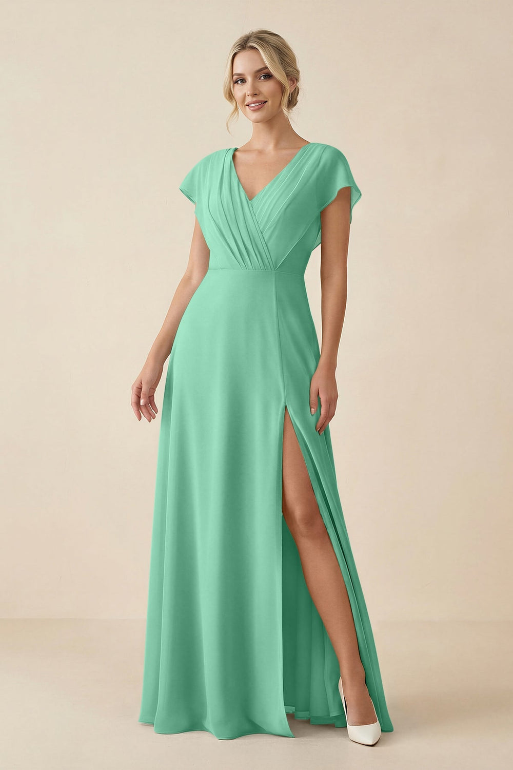 V - Neck Cap Sleeve Chiffon Bridesmaid Dress with Cut - out Back in Turquoise - SHE IS ME Bridesmaid Dresses