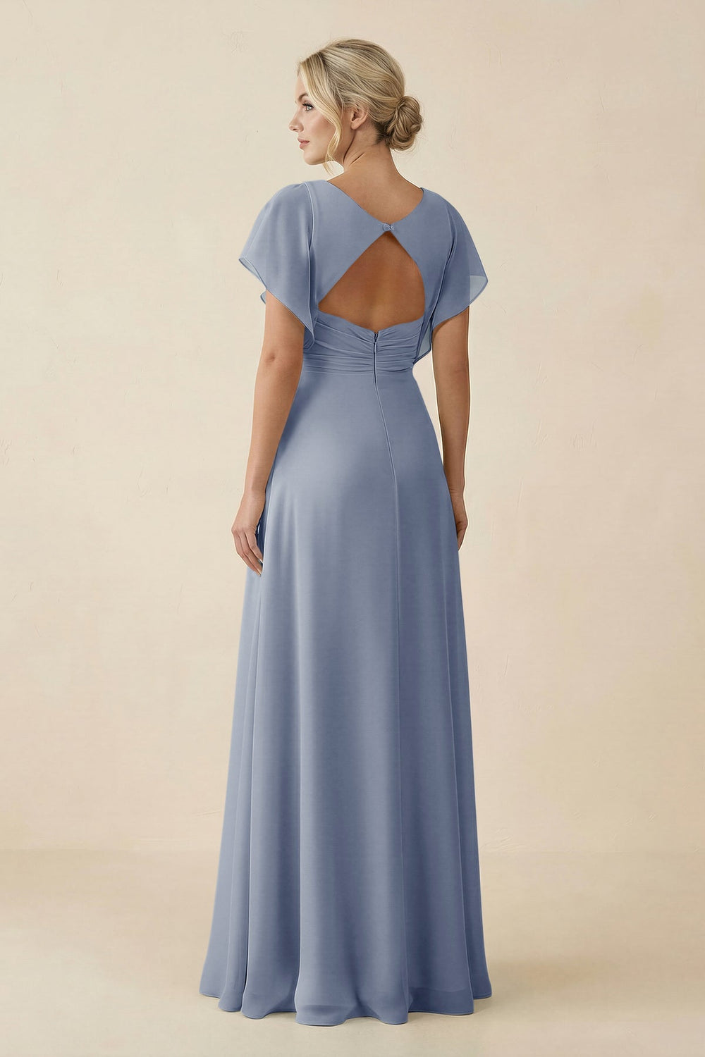 V - Neck Cap Sleeve Chiffon Bridesmaid Dress with Cut - out Back in Twilight - SHE IS ME Bridesmaid Dresses