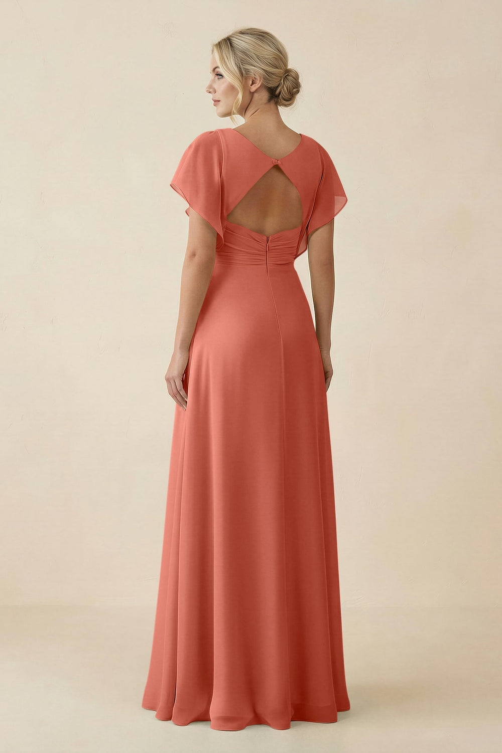 V - Neck Cap Sleeve Chiffon Bridesmaid Dress with Cut - out Back in Wild Rose - SHE IS ME Bridesmaid Dresses