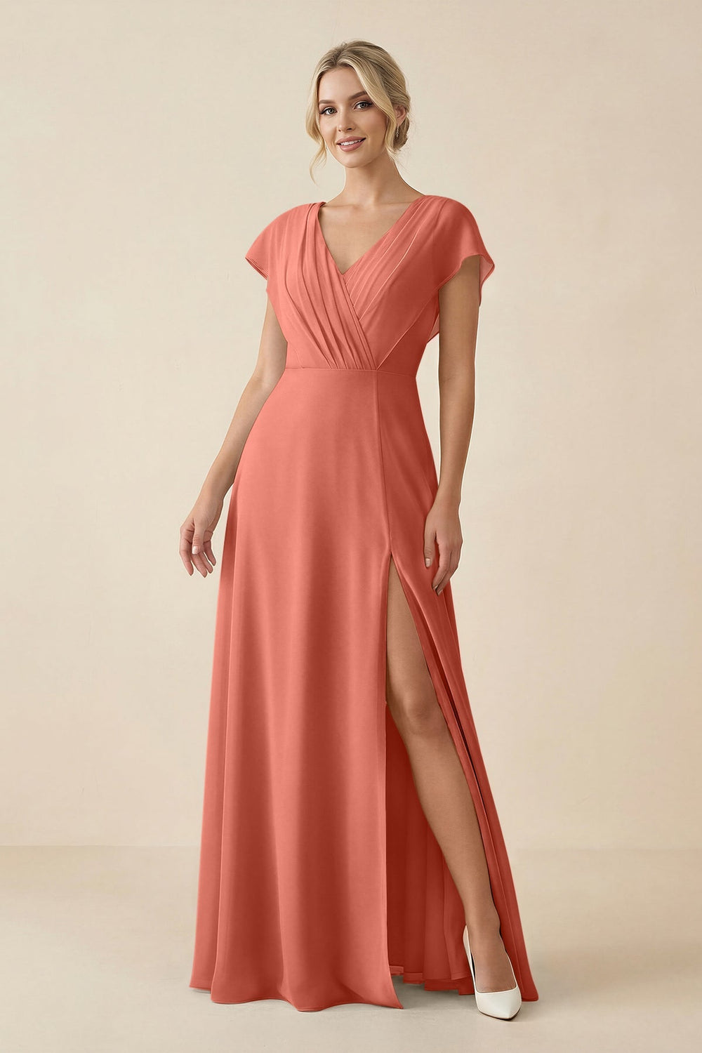 V - Neck Cap Sleeve Chiffon Bridesmaid Dress with Cut - out Back in Wild Rose - SHE IS ME Bridesmaid Dresses