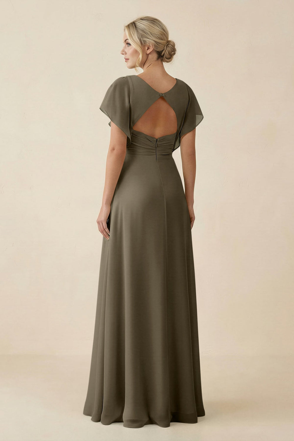 V - Neck Cap Sleeve Chiffon Bridesmaid Dress with Cut - out Back in Willow Green - SHE IS ME Bridesmaid Dresses