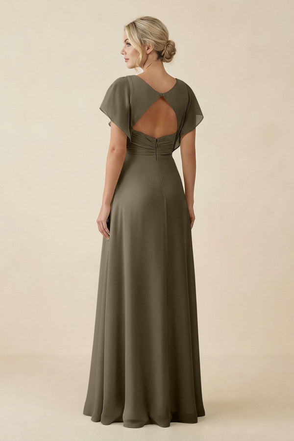 V - Neck Cap Sleeve Chiffon Bridesmaid Dress with Cut - out Back in Willow Green - SHE IS ME Bridesmaid Dresses