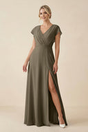 V - Neck Cap Sleeve Chiffon Bridesmaid Dress with Cut - out Back in Willow Green - SHE IS ME Bridesmaid Dresses
